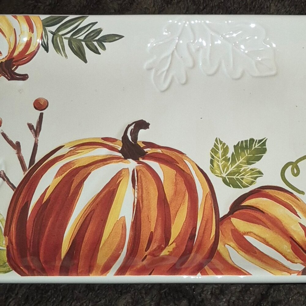 Celebrate Fall Together Rectangle Bread Dish Serveware Stoneware Thanksgiving EC